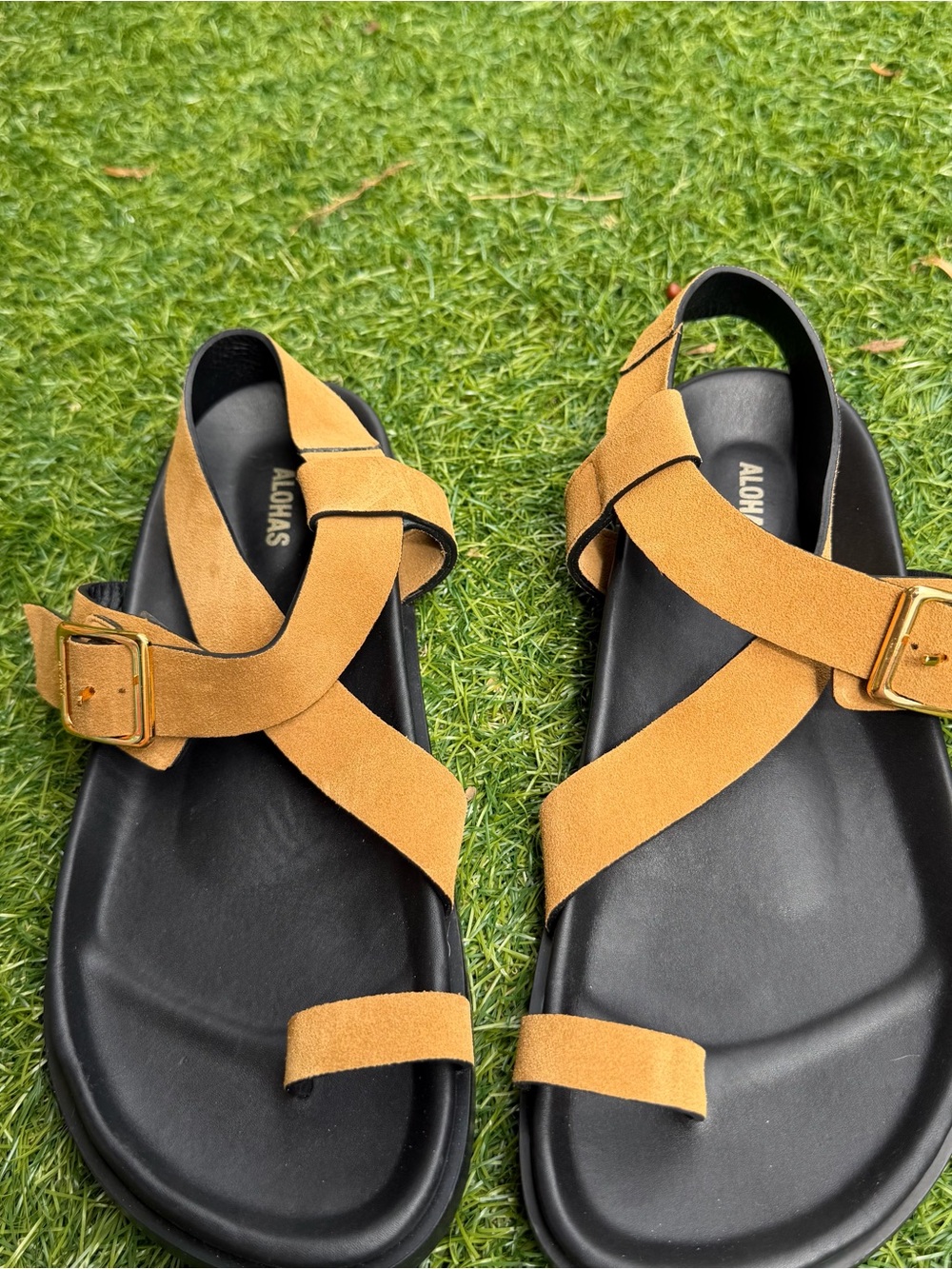 ALOHAS Tan Suede Crisscross Buckle Sandals
